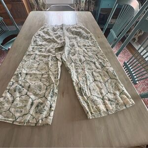 Rachel Zoe Green and White 100% Linen Trousers Wide Leg Pull On Pants XL
